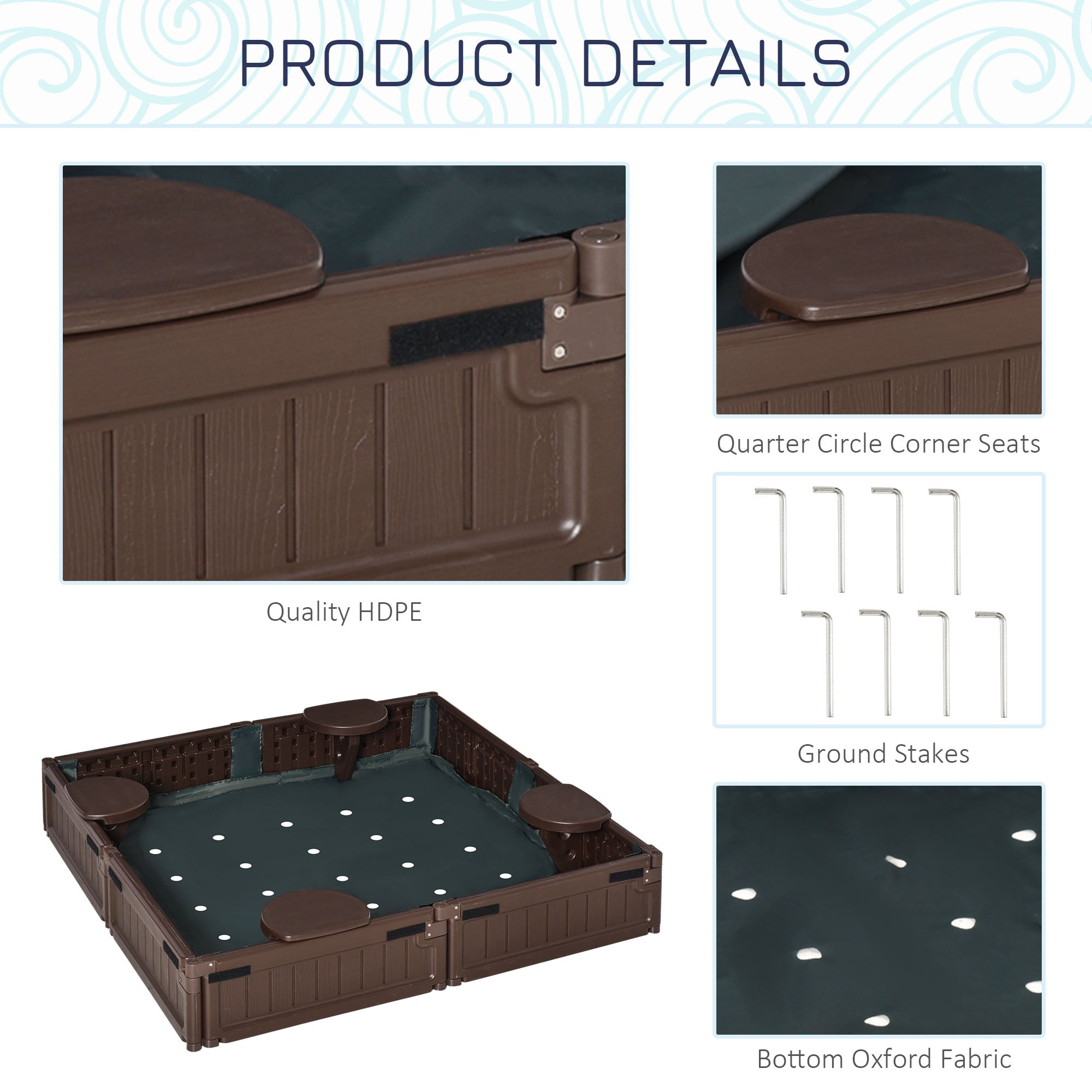 Outsunny Sand Pit Children's Plastic Sandpit w/ Water-Resistant Oxford Cover Bottom Fabric Liner kid Playset for 3-12 years old, Garden, Outdoor - (Brown) 