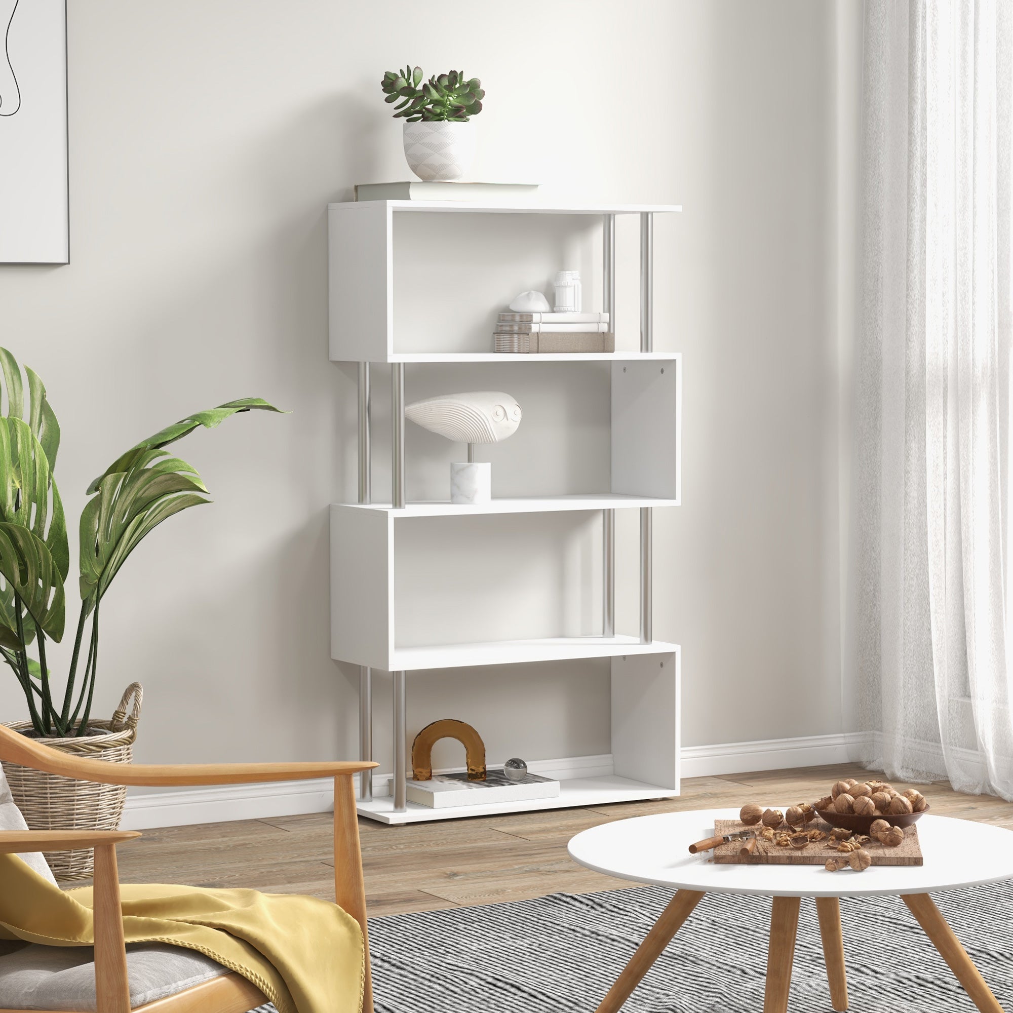 HOMCOM S Shape Bookcase, 5 Tiers Bookshelf, Modern Freestanding Storage Shelf for Home Office, Study, Living Room, 80 x 30 x 145cm, White 