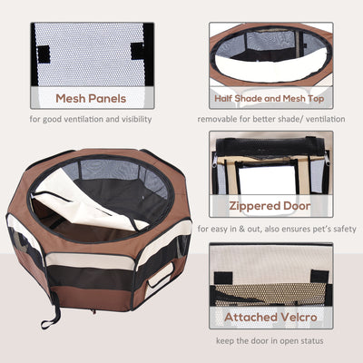 PawHut Portable Cat Dog Playpen Pet Puppy Rabbit Guinea Pig Pen Run Dia 90 x 41H cm Indoor & Outdoor Brown 