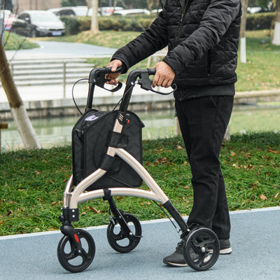 HOMCOM 3 Wheel Rollator, Lightweight Aluminium Tri Walker with Adjustable Handle, Storage Bag and Dual Brakes, Folding Mobility Walking Aid for Elderly, Handicapped, 5.3kg, Gold Tone 