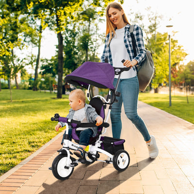 HOMCOM 6 in 1 Kids Trike Push Bike w/ Push Handle, Canopy, 5-point Safety Belt, Storage, Footrest, Brake, for 1-5 Years, Purple 