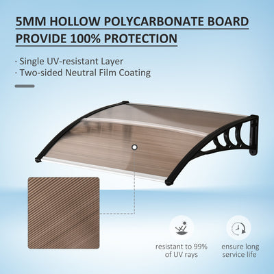 Outsunny Curved Window Door Canopy Aluminium Rigid Plastic Polycarbonate Fixed Outdoor Awning Modern Design UV Water Rain Resist 120 x 75cm Brown 