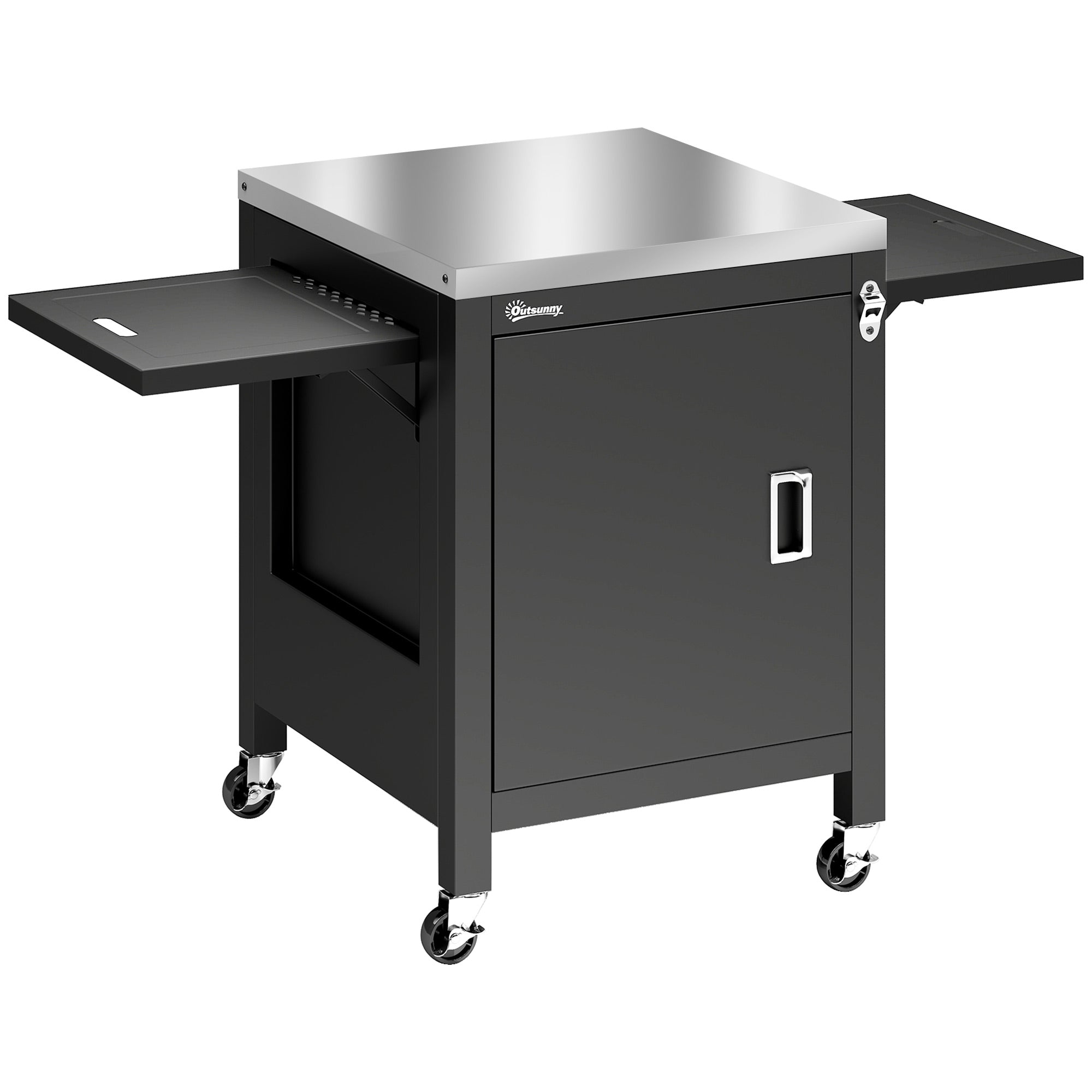 Outsunny Outdoor Grill Cart with Stainless Steel Tabletop, BBQ Table with a Cabinet, Towel Holder, Bottle Opener, Black 