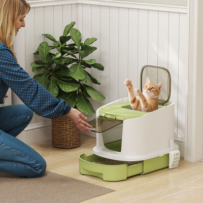 PawHut Cat Litter Box with Lid, Scoop, Deodorisation Bags, Top Entry, Green 