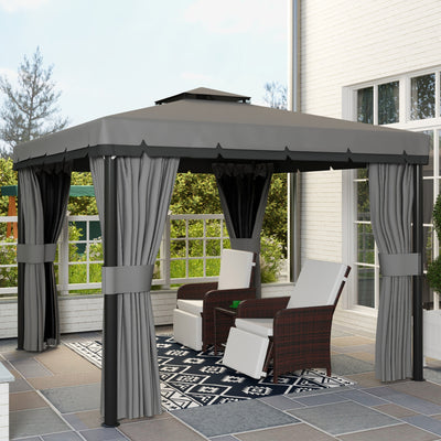 Outsunny 3 x 3(m) Patio Gazebo Canopy Garden Pavilion Tent Shelter Marquee with 2 Tier Roof, Netting and Curtains, Light Grey 