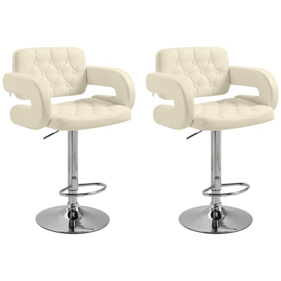 Upholstered Swivel Bar Stool, Set of 2 Height Adjustable Barstool with Back, Armrest, Footrest for Kitchen, White 