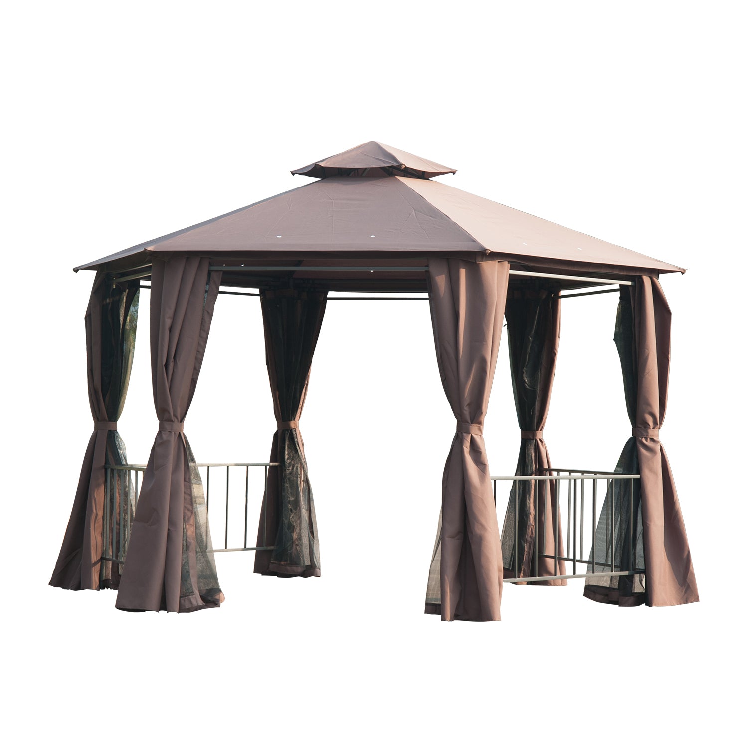 Outsunny 3 x 3(m) Hexagon Gazebo Patio Canopy Party Tent Outdoor Garden Shelter w/ 2 Tier Roof & Side Panel - Brown 