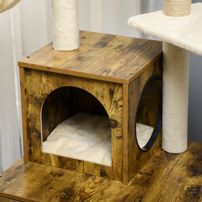 PawHut Cat Litter Box Enclosure, with Tree Tower, Cat House, Hammock, Cushion - Rustic Brown 