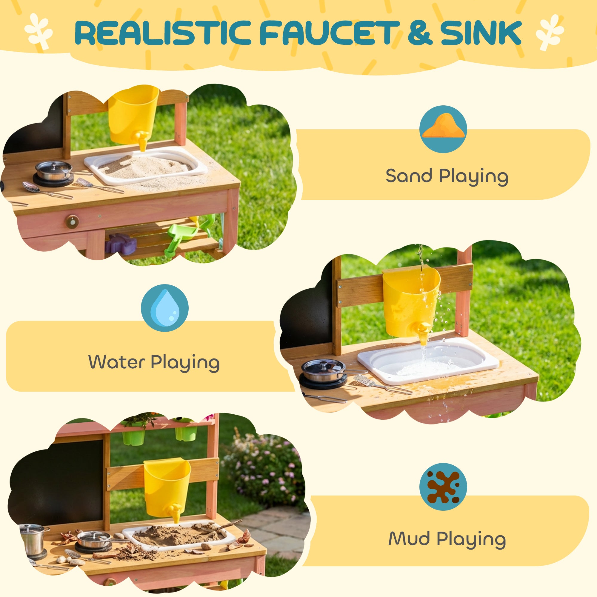 AIYAPLAY Kids Mud Kitchen with Canopy, Outdoor Wooden Play Kitchen with Planter Box, Accessories for Age 3-6, Pink 