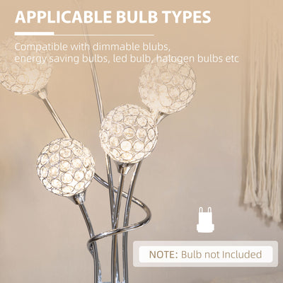 HOMCOM Crystal Floor Lamps for Living Room Bedroom with 5 Light, Modern Upright Standing Lamp, 34x25x156cm, Silver 