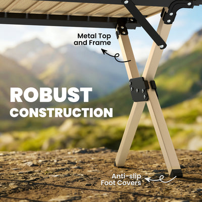 Outsunny 4ft Folding Camping Table, Waterproof Picnic Table with Roll Up Top and Metal Frame, Dark Brown 