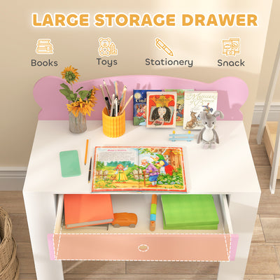 AIYAPLAY Kids Desk and Chair Set with Drawer for Drawing, Reading, Bear Theme Children Furniture for Bedroom, Daycare, Pink 