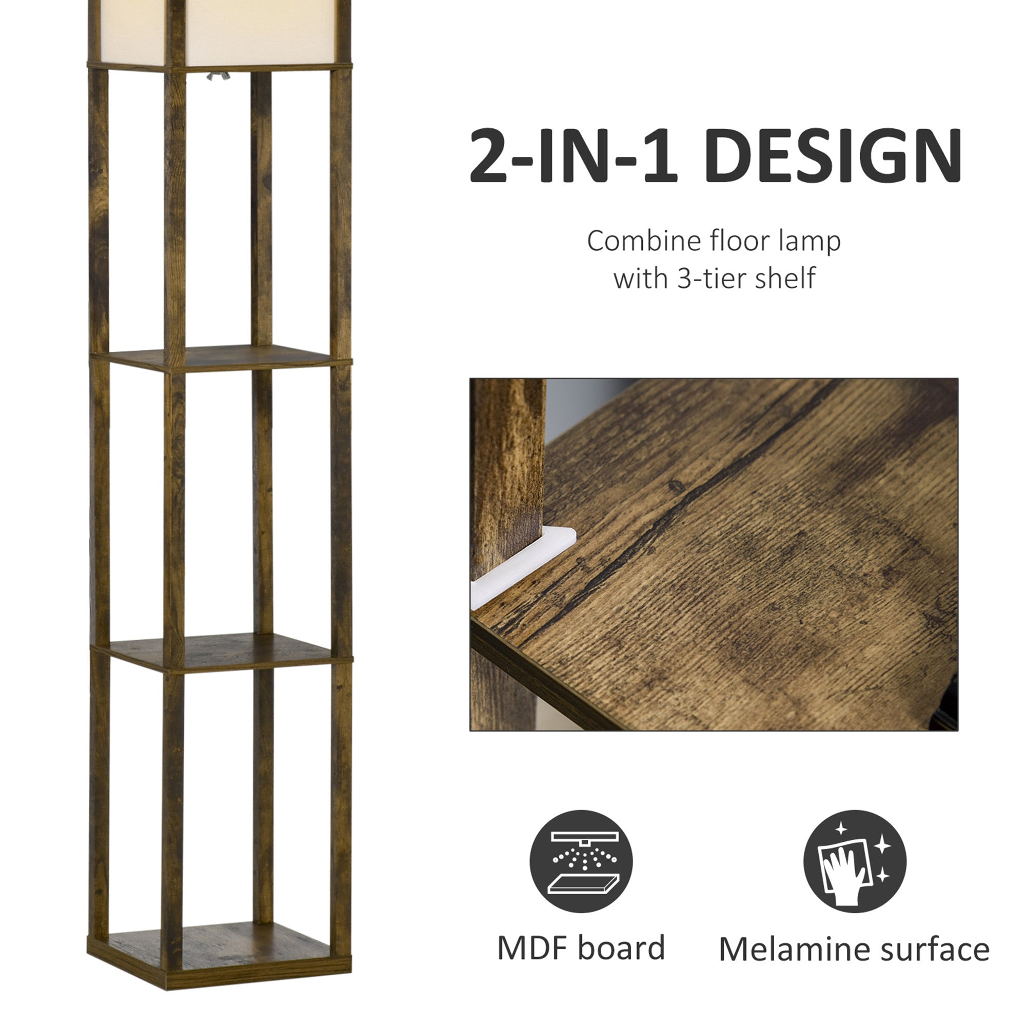 HOMCOM 3-Tier Floor Lamp, Floor Light with Storage Shelf, Reading Standing Lamp with Acrylic Shade for Living Room, Bedroom, Kitchen, Dining Room, Office, Dorm, 160cm, Brown 