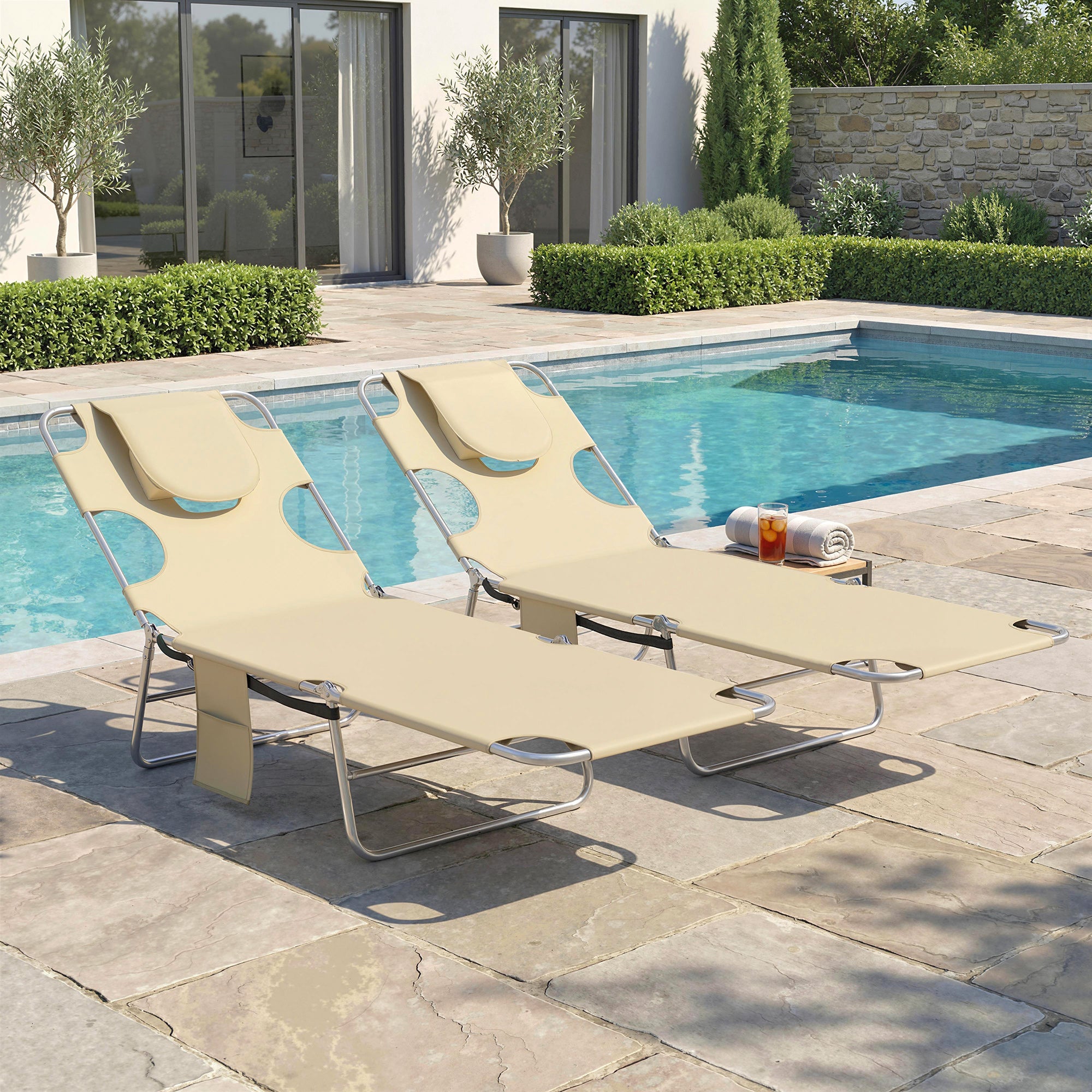 Outsunny 5-Position Adjustable Sun Loungers Set of 2 with Reading Hole and Side Pocket, Beige 