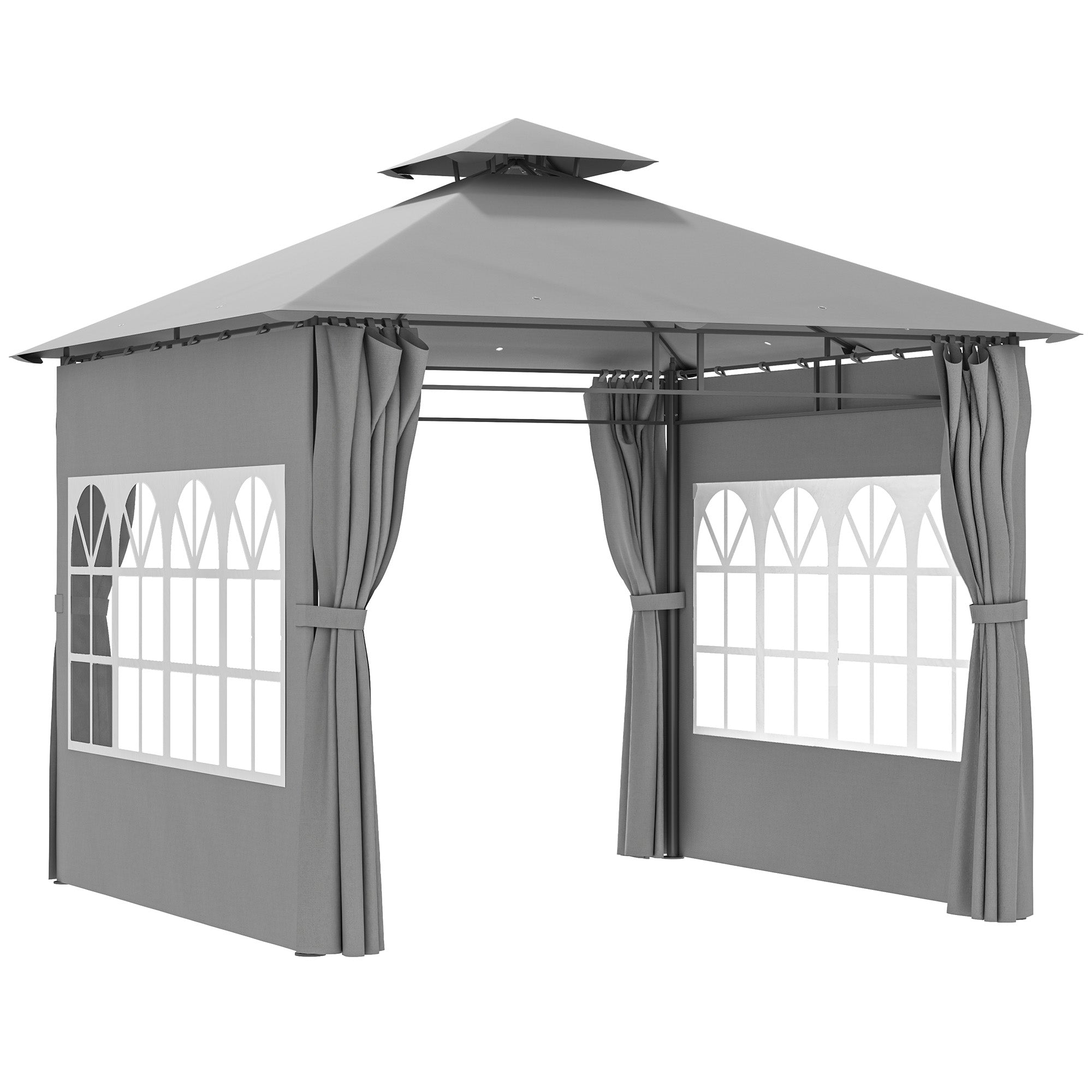 Outsunny 3 x 3 m Garden Gazebo, Double Roof Metal Gazebo with Removable Sidewalls and Church Windows, Outdoor Canopy Shelter, Light Grey 