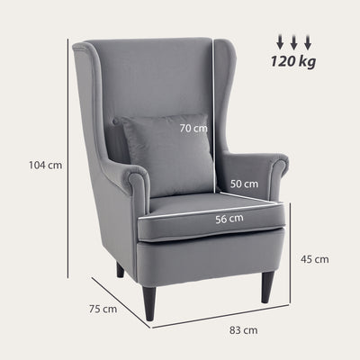 HOMCOM Modern Accent Chair, Upholstered Wingback Armchair with High Backrest and Pillow, Velvet-Feel Fabric Reading Chair with Solid Wood Legs for Living Room, Bedroom, Home Office, Dark Grey 