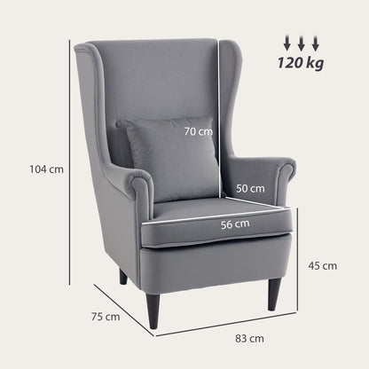 HOMCOM Modern Accent Chair, Upholstered Wingback Armchair with High Backrest and Pillow, Velvet-Feel Fabric Reading Chair with Solid Wood Legs for Living Room, Bedroom, Home Office, Dark Grey