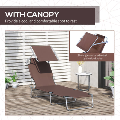 Outsunny 2 Pieces Outdoor Foldable Sun Lounger, 4 Level Adjustable Backrest Reclining Sun Lounger Chair with Angle Adjust Sun Shade Awning for Beach, Garden, Patio, Brown 