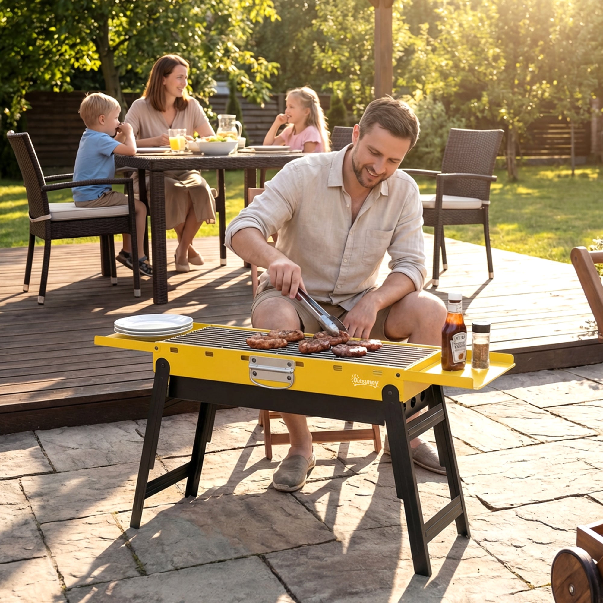 Outsunny Portable BBQ Grill, Foldable Charcoal Grill for Camping and Picnics with 2 Side Shelves and Handle, Yellow 