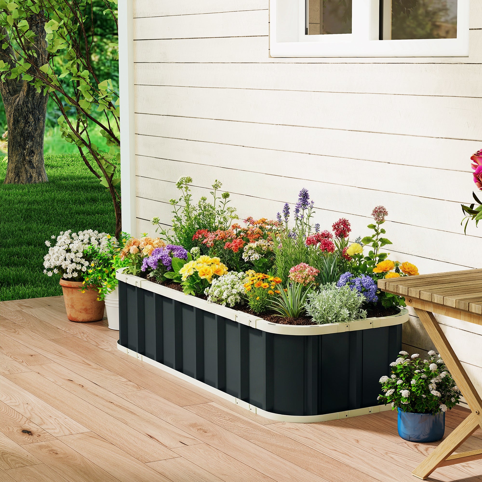 Outsunny Galvanised Raised Garden Bed, 4.5 x 2 x 1 ft Metal Planter with Gloves and Folded Edging, Dark Grey 