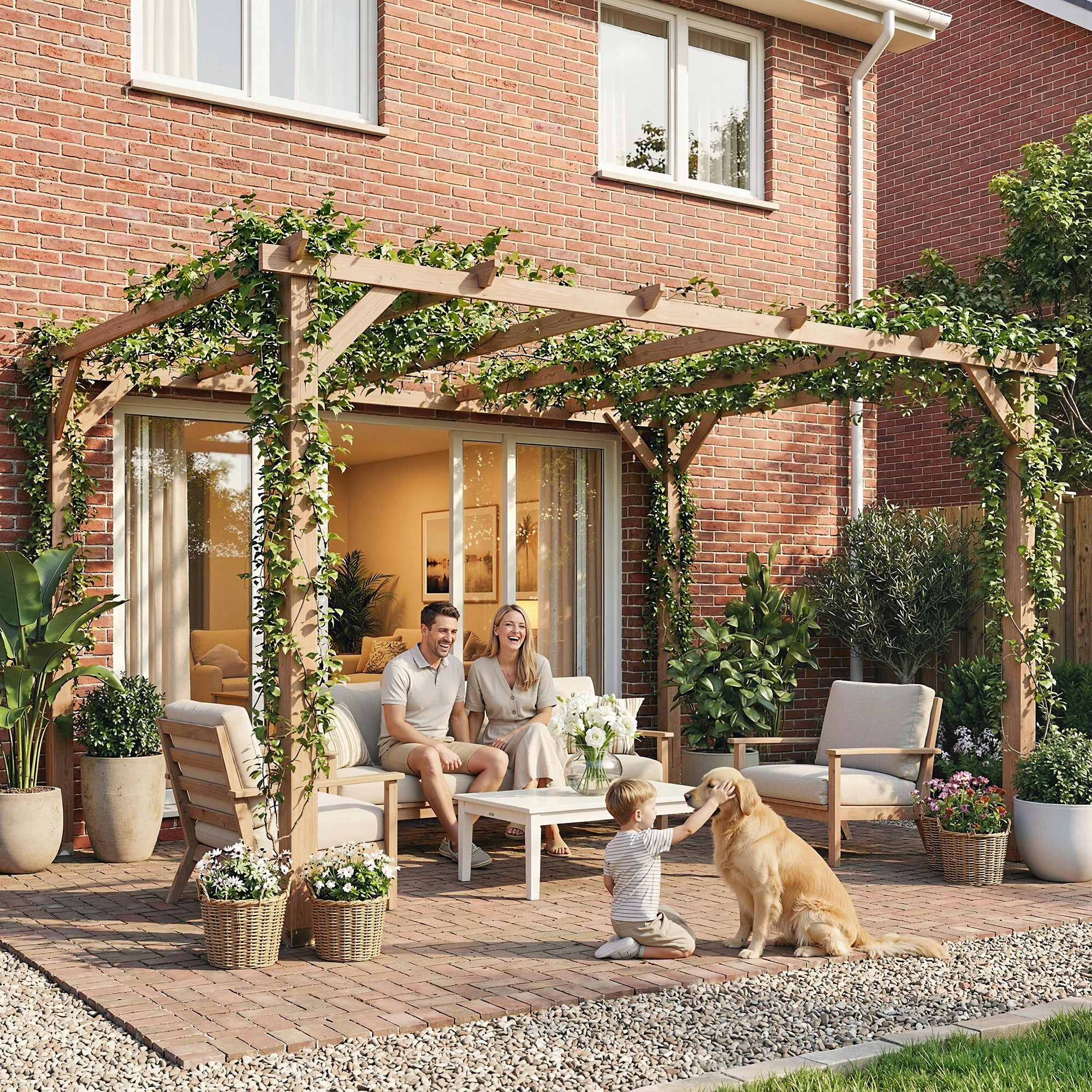 Outsunny 4 x 3 m Wooden Pergola Kit, Garden Pergola Gazebo Grape Trellis with Triangle Supports, 6 Beams, Maple Wood-effect 