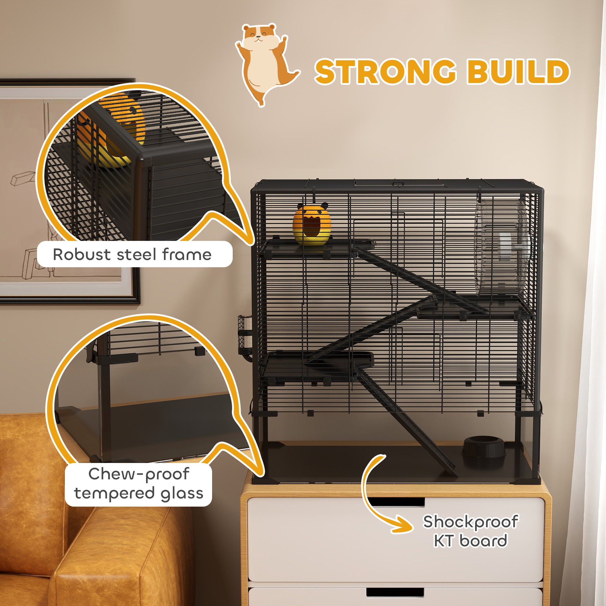 PawHut 4 Tiers Hamster Cage with Deep Tempered Glass Bottom, Hut, Running Wheel, Food Dish, Water Bottle, 78.5 x 48.5 x 80cm 