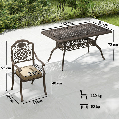 Outsunny Garden Dining Set for 6, Cast Aluminium Outdoor Table and Chairs Set with Cushions, Parasol Hole for Patio, Bronze Tone 