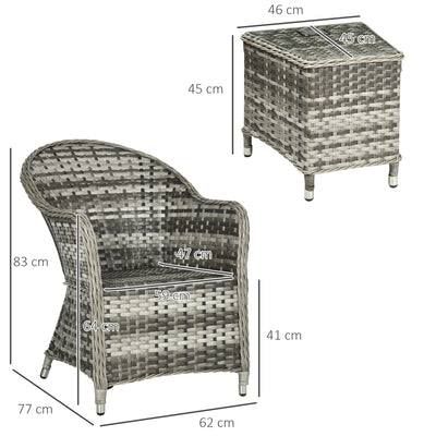 Outsunny 3 Pieces Rattan Bistro Set, Wicker Garden Bistro Set, Glass Top Balcony Table and Chairs with Cushions for Outdoor, Patio, Balcony, Grey 