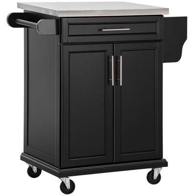 HOMCOM Wooden Kitchen Island on Wheels, Serving Cart Storage Trolley with Stainless Steel Top, Drawer, Side Handle and Rack, Black 