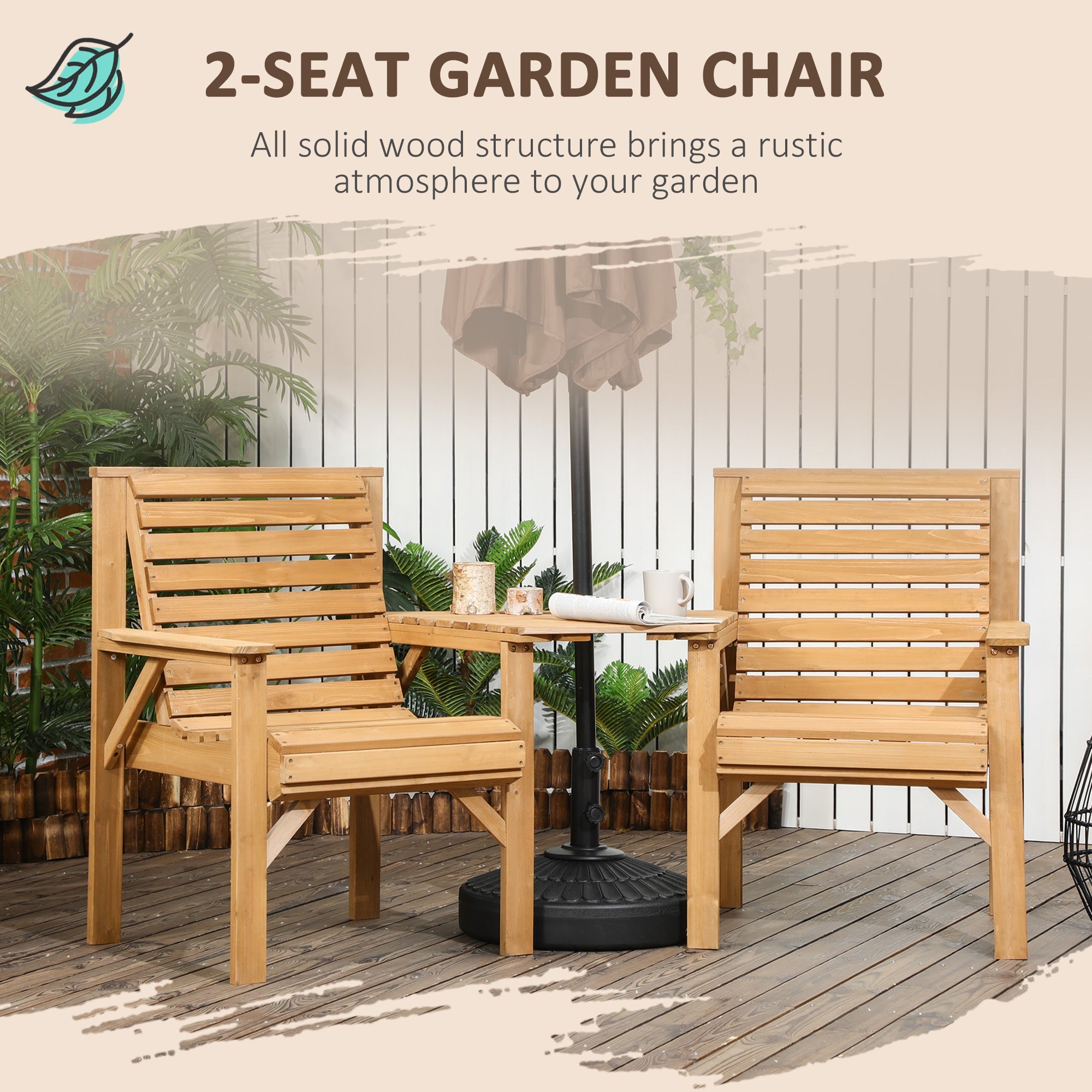 Outsunny Wooden Garden Love Seat, 2 Seater Jack & Jill Companion Seat with Coffee Table and Parasol Hole, Partner Bench, Table and Chairs Set, Outdoor Furniture for Garden, Balcony, Patio, Brown 