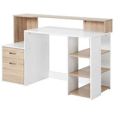 HOMCOM Computer Desk with Drawers and Storage Shelves, Reception Desk, Study Workstation for Home Office, 137 x 55 x 92cm, Oak and White 