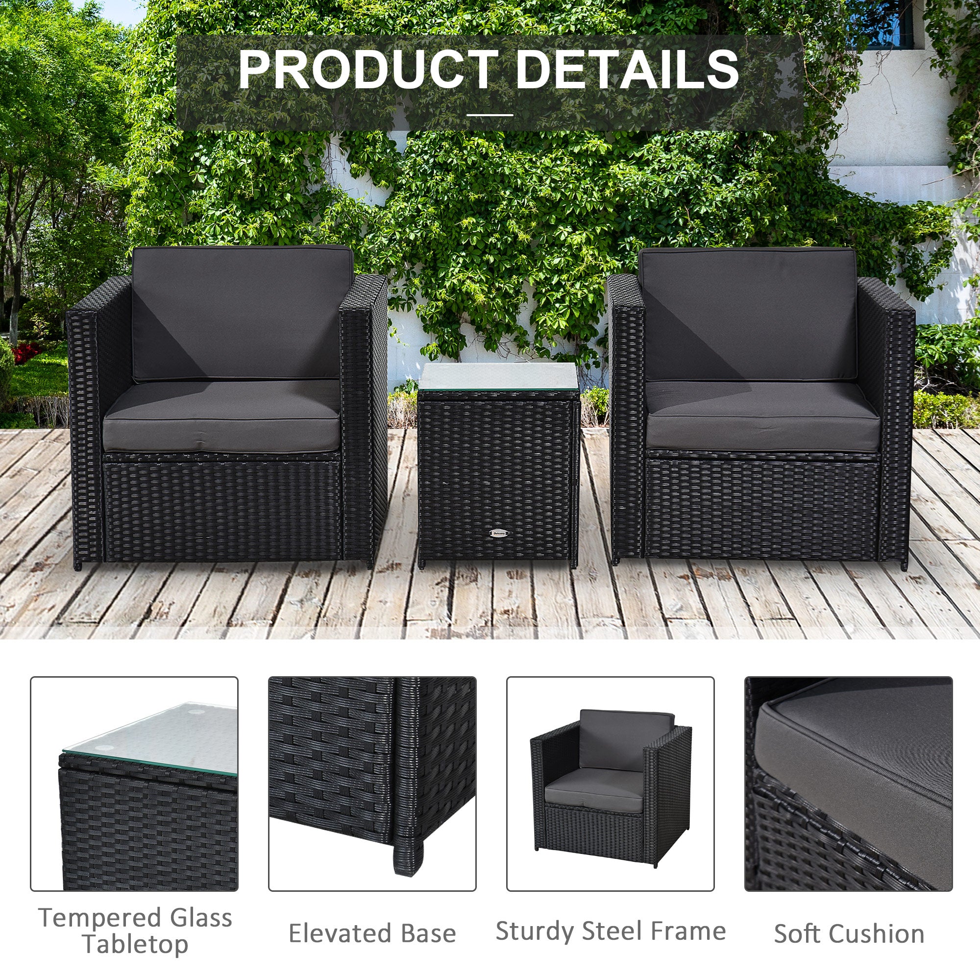 Outsunny 3 Pieces Rattan Bistro Set, Wicker Garden Furniture Set with Glass Top Coffee Table and Chairs, Thickened Washable Cushions for Outdoor, Patio, Balcony, Black 