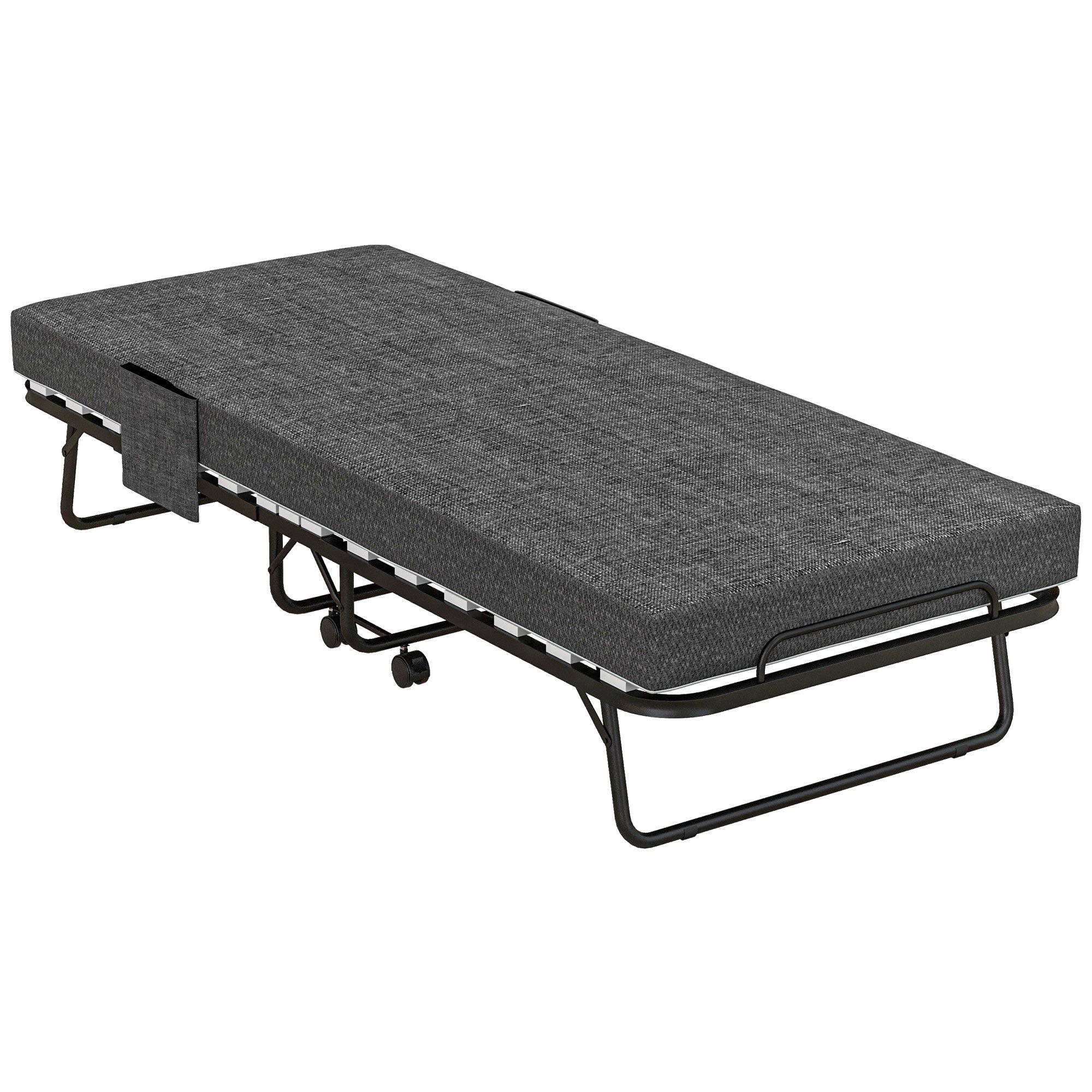 HOMCOM Single Steel Frame Folding Bed, with Wheels - Black/Grey 