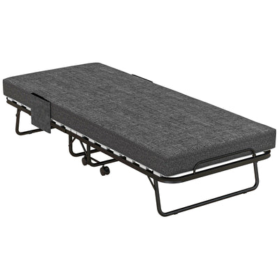 HOMCOM Single Steel Frame Folding Bed, with Wheels - Black/Grey 