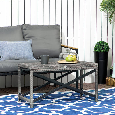 Outsunny Outdoor Coffee Table, Garden PE Rattan Side Table with Plastic Board Under the Full Woven Table Top and X-Shape Frame for Patio, Balcony, Mixed Grey 