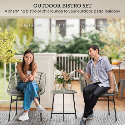 Outsunny 3 Pieces Rattan Bistro Set, Wicker Small Garden Table and Chairs Set with Cushions and Glass Top Coffee Table, Bistro Garden Furniture Set for Outdoor, Patio, Balcony, Light Grey 
