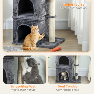 PawHut 66 cm Small Cat Tree for Large Cats, Cat Tower w/ Large Top Perch, 2 Condos, Sisal Scratching Post, Toy Ball, Dark Grey 