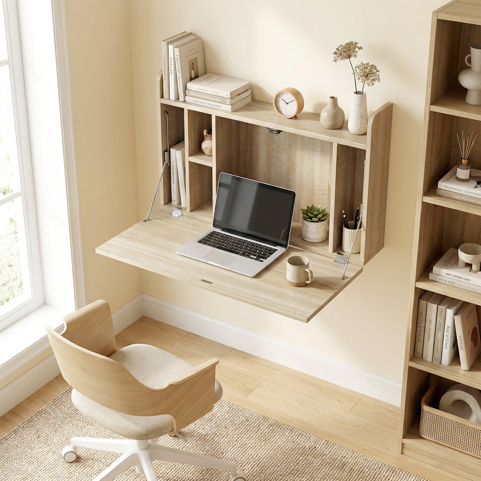 HOMCOM Wall Mounted Desk, Drop Leaf Floating Laptop Desk with Space Saving Storage Compartments for Home Office, Oak 