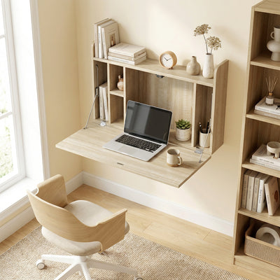 HOMCOM Wall Mounted Desk, Drop Leaf Floating Laptop Desk with Space Saving Storage Compartments for Home Office, Oak 
