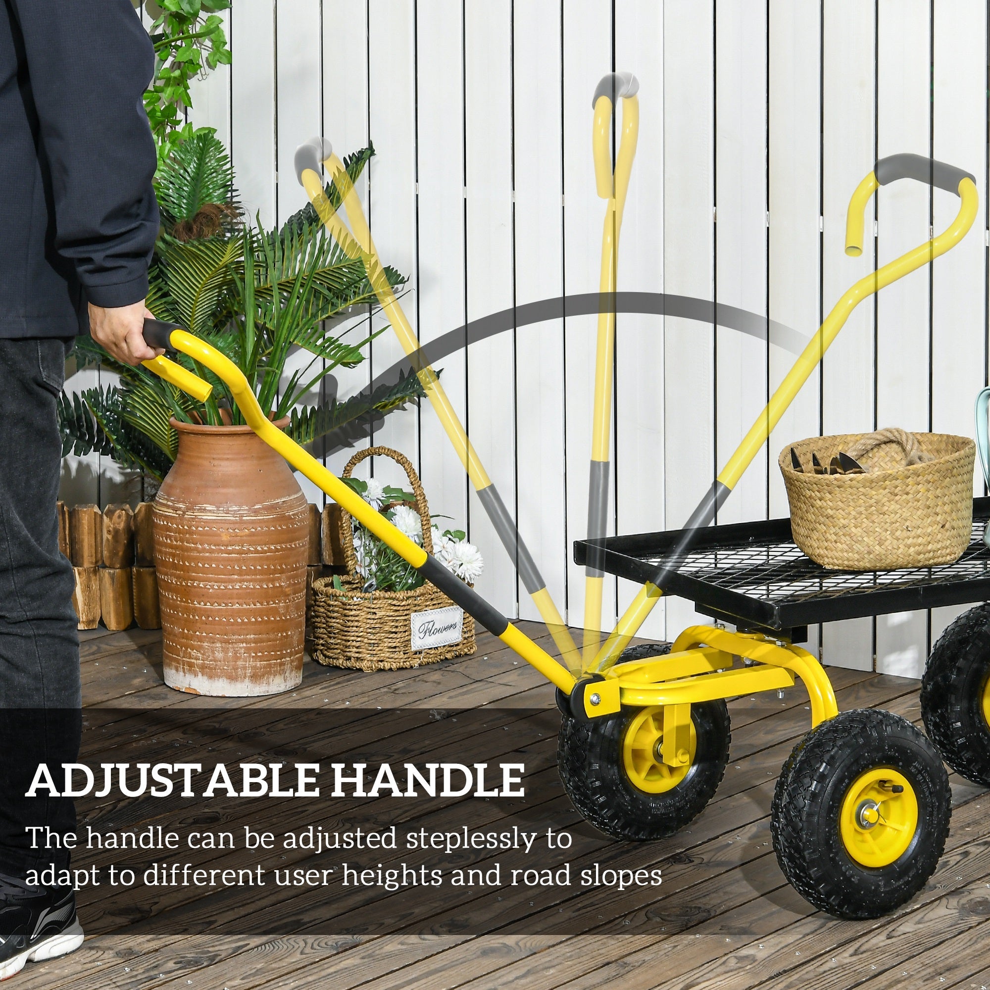Outsunny Garden Trolley Cart, Heavy Duty Garden Cart with Metal Frame, 10" Pneumatic Wheels, Rotating Handle, 150kg Capacity, for Garden, Farm, Yellow 