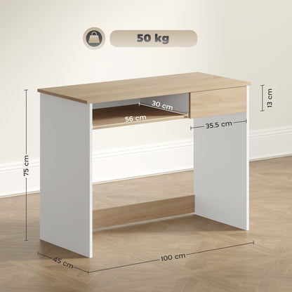HOMCOM Compact Computer Desk with Keyboard Tray, Home Office Desk with Drawer for Bedroom Study, Oak 