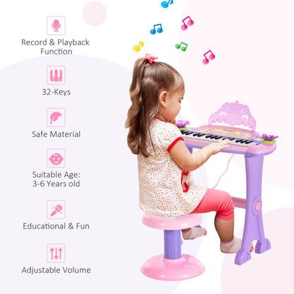 HOMCOM 32 Keys Kids Mini Electronic Keyboard Musical Instrument Educational Game Toy Children Grand Piano Stool Micropho 