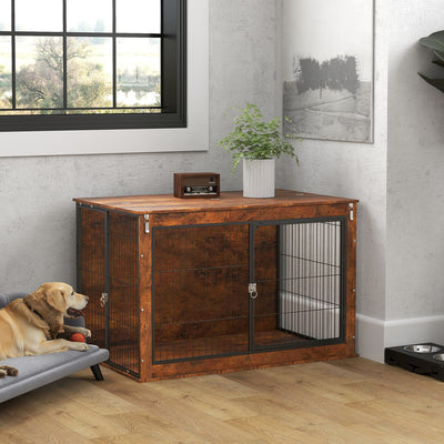 PawHut Dog Crate Furniture with Flip-up Top, 2 Doors, for Extra Large Dogs, 118 x 75 x 77cm, Rustic Brown 
