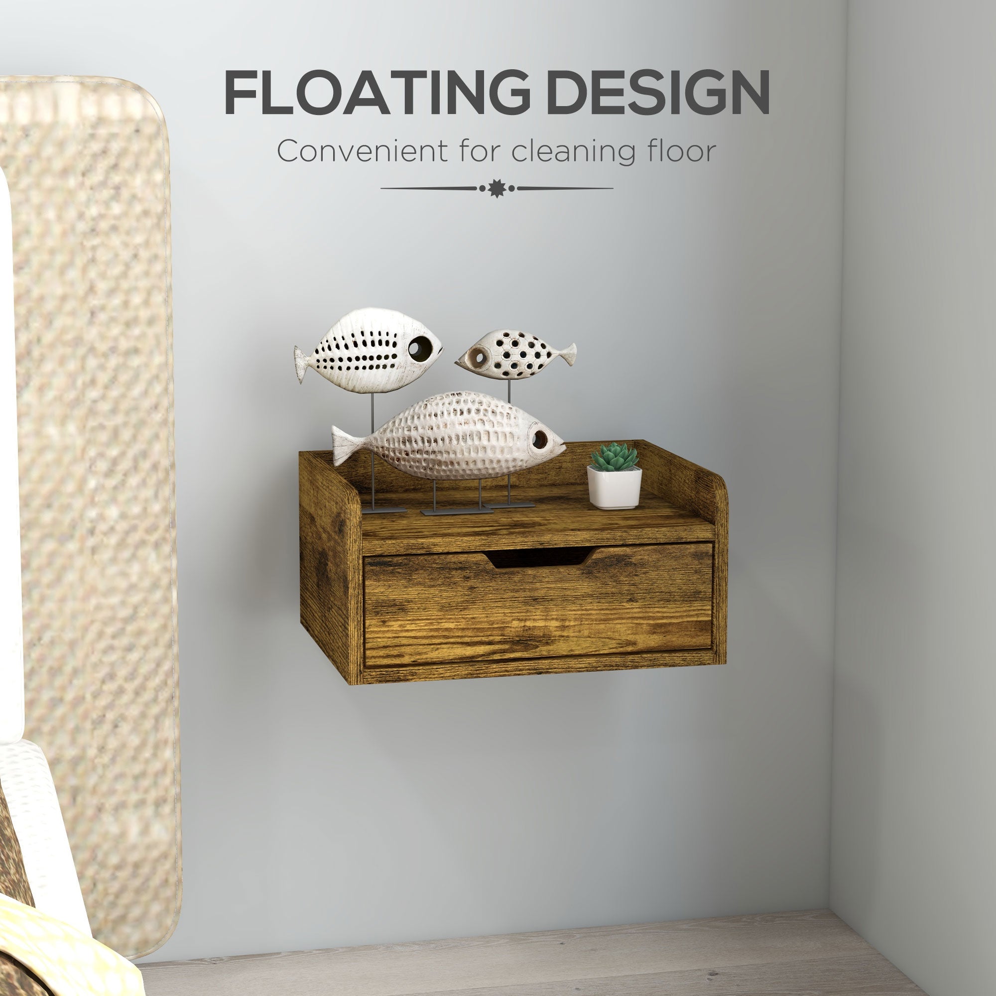 HOMCOM Floating Nightstand Set of 2 Wall Mounted Bedside Table with Storage Drawer for Bedroom, Rustic Brown 