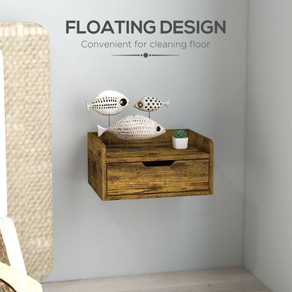 HOMCOM Floating Nightstand Set of 2 Wall Mounted Bedside Table with Storage Drawer for Bedroom, Rustic Brown 