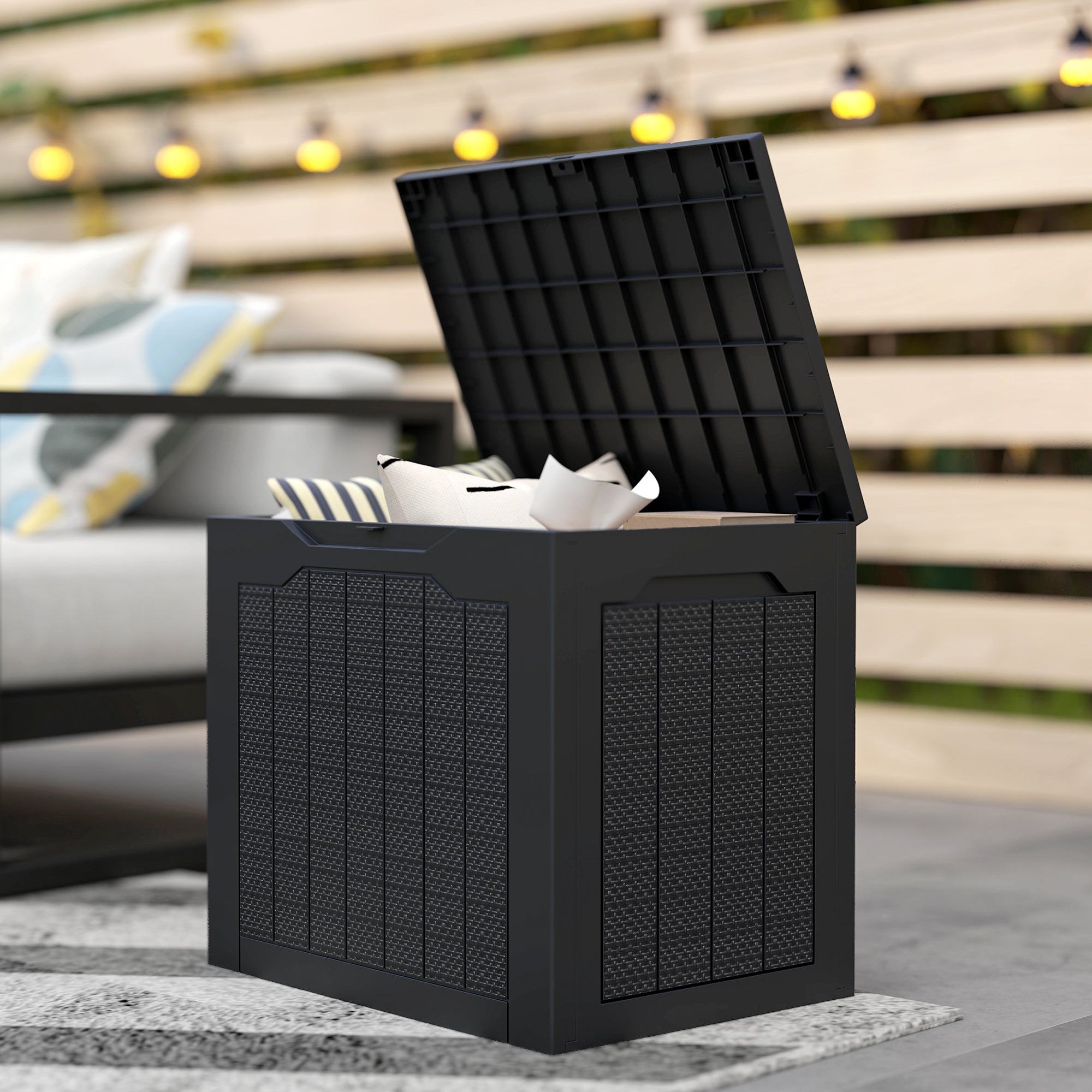 Outsunny 93L Plastic Garden Storage Box, Outdoor Storage Box with Handles, Waterproof Outdoor Storage Container, Black 