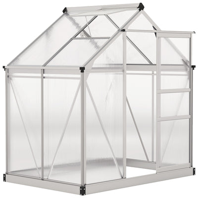 Outsunny Polycarbonate Greenhouse, Large Walk-In Green House with Slide Door and Window, Aluminium Frame, 6x4ft, Silver Tone 
