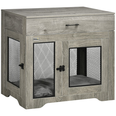 PawHut Dog Cage End Table with Two Doors, Drawer, for Medium Dogs - Grey 