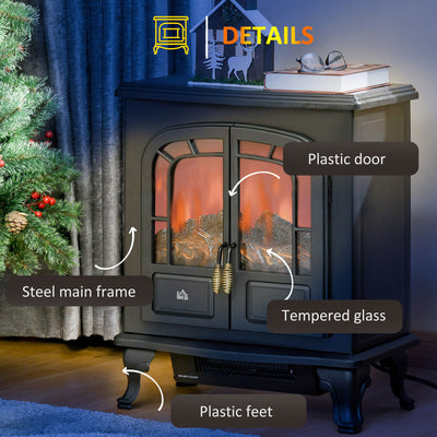 HOMCOM Electric Fireplace Stove Heater with LED Fire Flame Effect, Double Door, Freestanding & Portable with Overheat Protection, 1000W/2000W, Black 