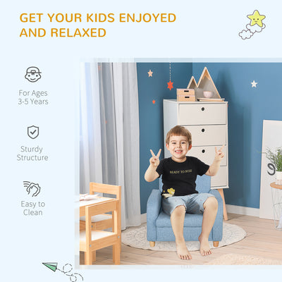 HOMCOM Children's Armchairs Toddler Chair Wood Frame Anti-Slip Legs High Back Bedroom Playroom Furniture Blue 